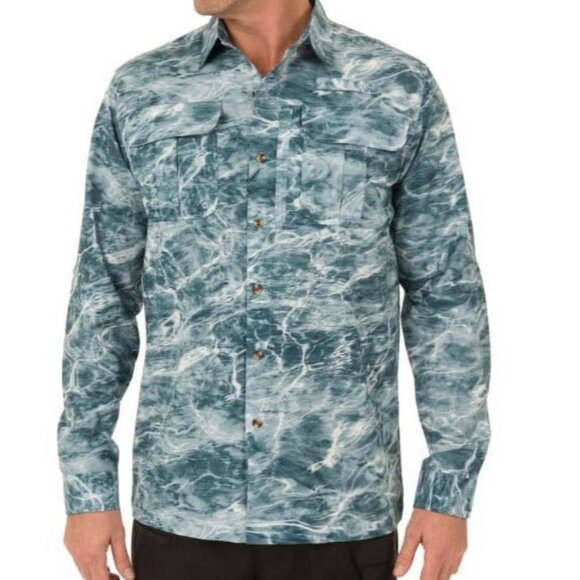 Mossy Oak Long Sleeve Button Up Fishing Shirt Mens Medium Water Print - Picture 1 of 11